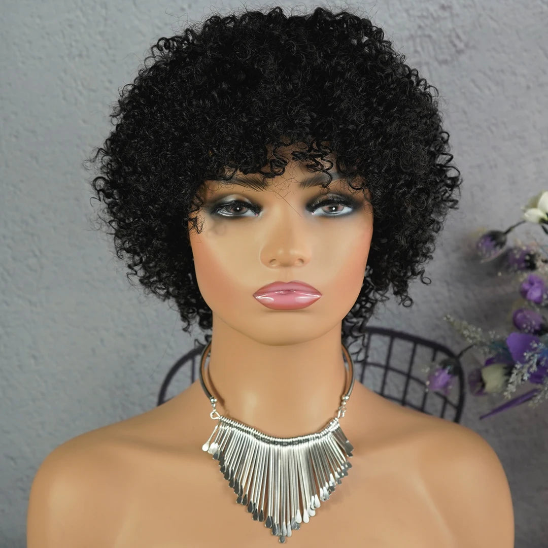Afro Kinky Curly Wig Human Hair 4A 4B Short Curly Human Hair Wigs for Black Women Pixie KinkyCurly wigs with Bangs Machine Made