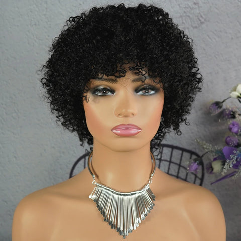 Afro Kinky Curly Wig Human Hair 4A 4B Short Curly Human Hair Wigs for Black Women Pixie KinkyCurly wigs with Bangs Machine Made