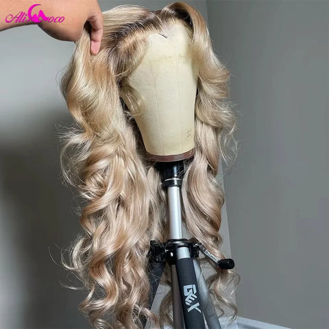 180 Density Brown Roots Ash Blonde Body Wave Lace Frontal Wig 13x6 Ombre Ash Blonde Human Hair Wigs for Women