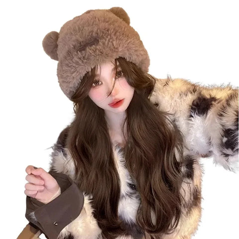 Women's Integrated Long Hair Wig Hat Autumn Winter New Popular Bear Ear Cap Full Head Cover Natural Looking Fiber Hair Extension
