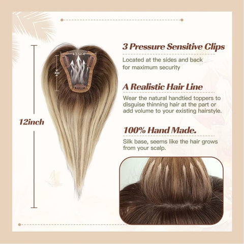 Hair Toppers Blonde Brown Ombre 100% Remy Human Hair Topper HairPieces for Women 150% Density Silk Base 3Clip in Toppers 12inch