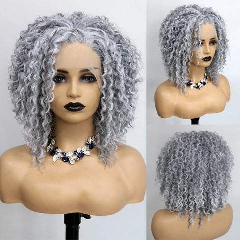 Salt and Pepper Grey Synthetic Lace Front Wig Heat Resistant  Drag Queen180Density Kinky Curly Short Bob  Wigs for Women Cosplay