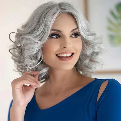 HAIRJOY Gray Wigs for Women Older Silver Grey Short Curly  Bob  Synthetic Hair Wigs