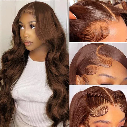 30 Inch Chocolate Brown Body Wave 13x4 HD Lace Front Human Hair Wigs Pre Plucked Brown Transparent Lace Frontal Wigs For Women