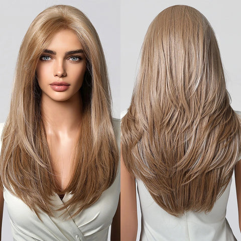 Long Straight Afro 13*6  Transparent Lace Frontal Synthetic Wigs Preplucked Brown Blonde Highlight Mixed Wig for Black Women Wig