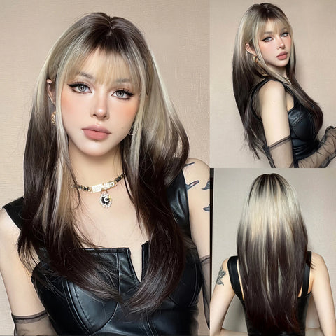 Straight Layered Synthetic Wigs Purple Black Ombre Wig with Bangs Middle Length Colored Cosplay Wig for Women Heat Resistant Wig