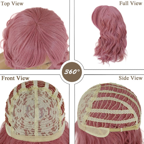 Natural Synthetic Hair Pink Short Wavy Wig for Women Curly Wigs with Bangs Water Wave Girls Cosplay Party Halloween Costume Wig