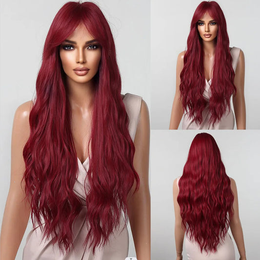 ALAN EATON Brown Highlight Synthetic Wigs with Bangs for Black Women Long Ombre Honey Brown Wave Wig Heat Resistant Hair Natural