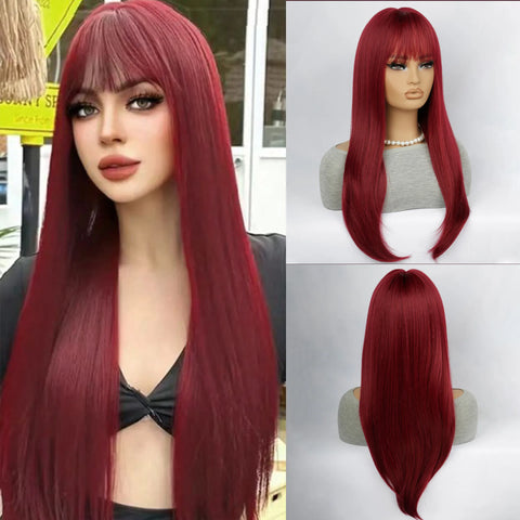 24 "black synthetic wig with straight bangs long straight wig for Halloween cosplay daily wear a high temperature silk wig