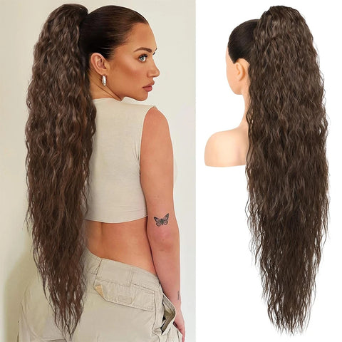 36 inch Drawstring Ponytail Extension Synthetic Black Long Lightweight Full Natural Curly Fake Tail Multi Layered Hairpiece