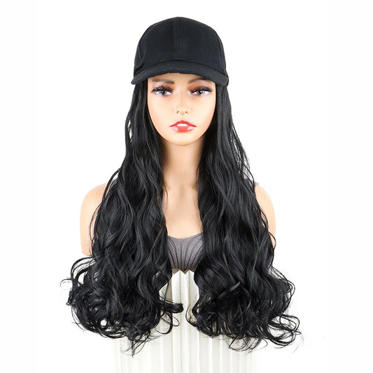 20Inch Synthetic Long Curly Baseball Cap Hat Wigs Heat Resistrant Black Brown Hairpiece for Women