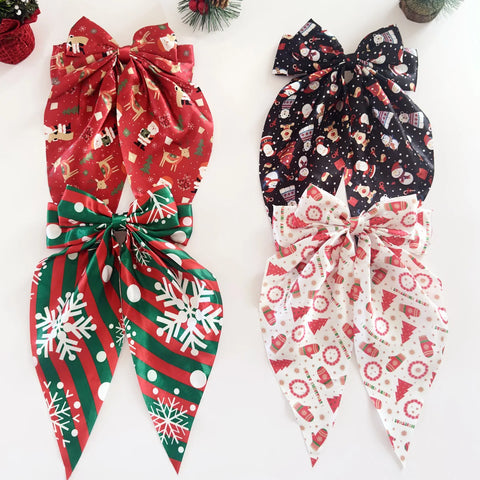 1PC Christmas Bow Hair Accessories Set, Festive Satin Snowflake/Santa Print Hair Bows,Red Green Holiday Hair Decor,Elegant Xmas
