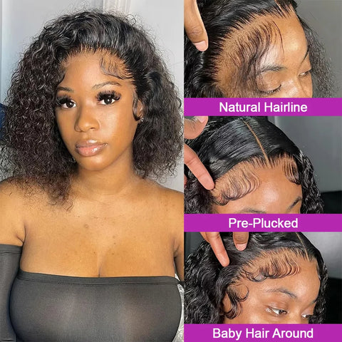 250% Short Curly Bob 13x6 Lace Frontal Wigs Deep Water Wave 7x5 Glueless Wig Brazilian 100% Human Hair Black For Women 14 Inch ﻿