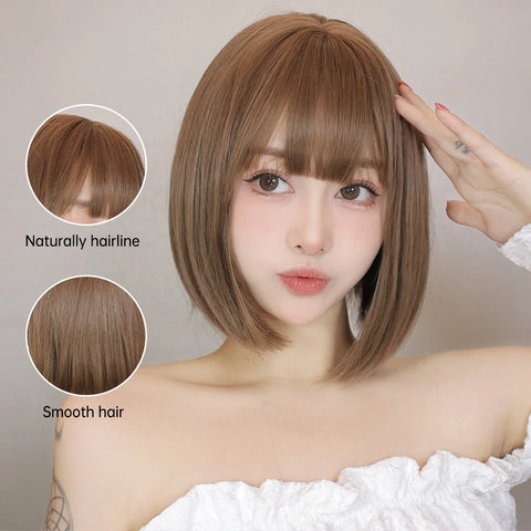 Light Brown Synthetic Wigs Straight Short Bob Cut with Bangs Wig for White Women Korean Daily Party Cosplay Heat Resistant Hair
