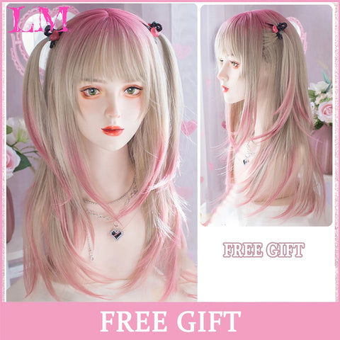 LM Synthetic Hair Long Wave Black And Pink Lolita Wigs For Women Cosplay Wig With Bangs Halloween Christmas Heat Resistant