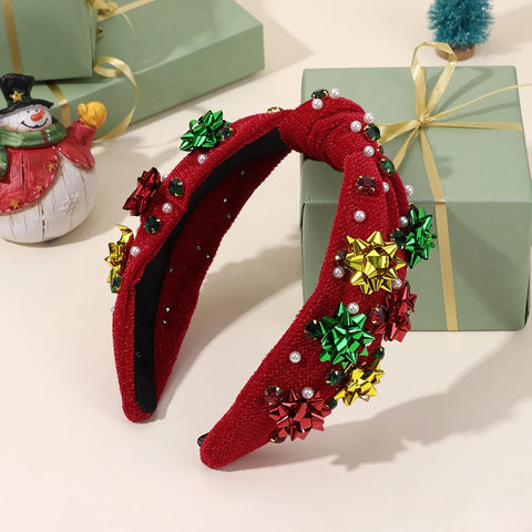 New Year Knot Wide Headband Christmas Snowflake Velvet Rhinestone Pearls Hair Hoop For Women Girls Xmas Headwear Accessories