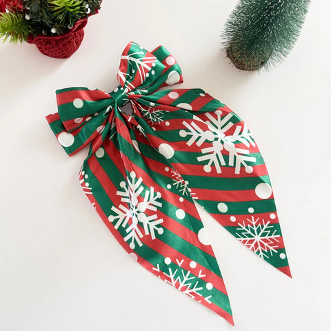 1PC Christmas Bow Hair Accessories Set, Festive Satin Snowflake/Santa Print Hair Bows,Red Green Holiday Hair Decor,Elegant Xmas
