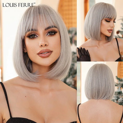 LOUIS FERRE Short Blonde Bob Synthetic Wigs With Dark Root Shoulder Length Blonde Straight Wig Mixed White Hair High Temperature