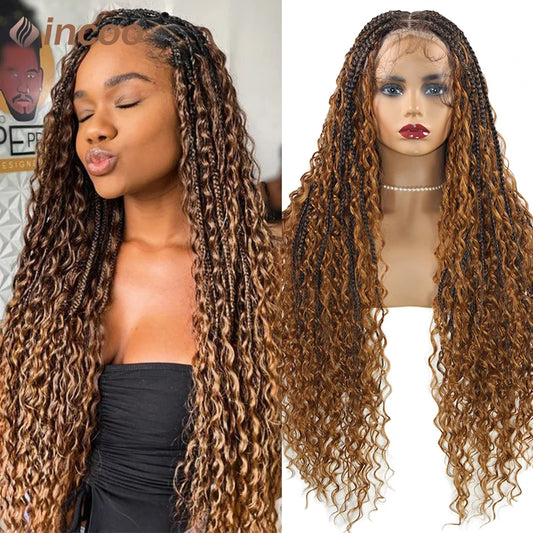 Boho Box Braided Wigs Curly Hair Synthetic Full Lace Front Wigs for Black Women Goddess Locs Braid Wig Bohemian Box Braid Wig