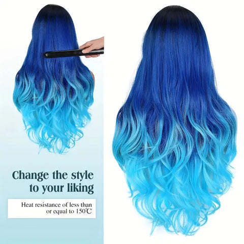 30Inch Long  wave wig Synthetic Hair Wig Black Blue Purple Gradient For Women  For Halloween Daily Cosplay Party wig