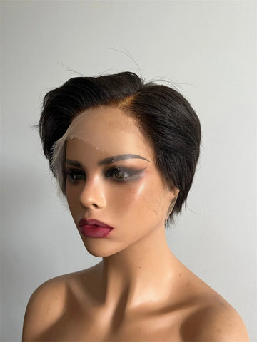 13X4 HD lace Salt and Pepper Pixie Cut Cuticles Aligned Virgin Human Hair front Lace Wig