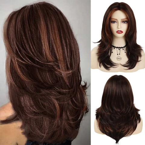 Grey Layered Long Synthetic Wigs with Bangs Silver Gray Wavy for Women Salt and Pepper Natural Looking Daily Use Heat Resistant