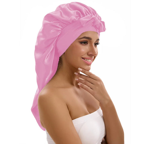 1/2/3pcs Satin Sleep Caps with Ribbon Tie - Black & Pink, Polyester Night Hats for Long Hair, Casual and Stylish Design