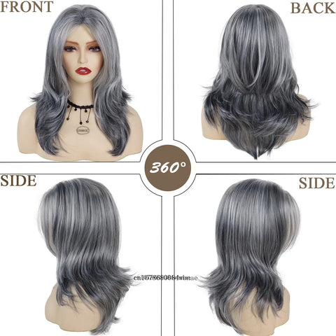 Grey Layered Long Synthetic Wigs with Bangs Silver Gray Wavy for Women Salt and Pepper Natural Looking Daily Use Heat Resistant