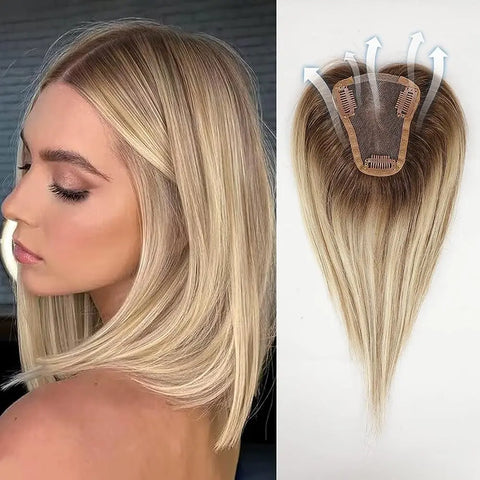 Ash Gray Brown 100% Remy Human Hair Toppers Clips In Hair Lace Base Topper Hairpieces for Women Hair Extensions 12 Inch Straight