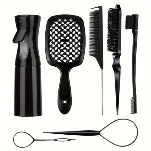 Hair Styling Kit for All Hair Types - 7Pcs Set with Detangler Brush  Bristle & Double-Sided Edge Brushes Scalp Massager Salon