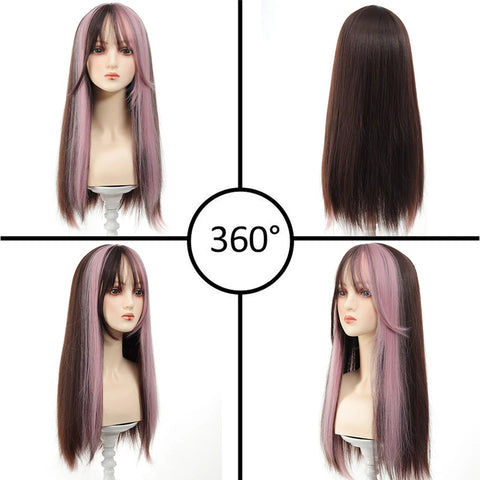 Synthetic 24 inch Loiita Black Pink Tousled Long Straight Wig Double Ponytail Hair Extensions cosplay wig Christmas