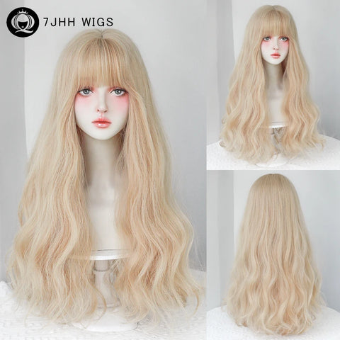 7JHH WIGS Honey Brown Wigs with Neat Bangs High Density Synthetic Loose Brown Hair Wig for Women Daily Use Beginner Friendly