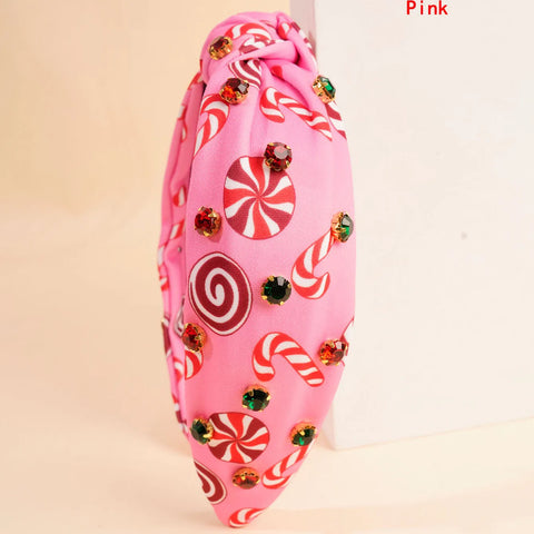 Christmas Magic Wand Red Green Candy Rhinestone Knot Hairband Headband High Apex Hair Accessories Hair Jewerlery