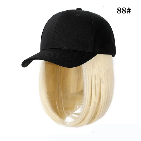 Black Baseball Cap with Hair Extensions Synthetic Straight Short Bob Hairstyle Adjustable Hat Wig for Women Girl Ash Blonde