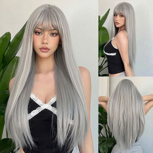 Long Straight Synthetic Wig Granny Gray Center Part Natural Bangs High Temperature Silk Wig For White Women Cosplay Daily