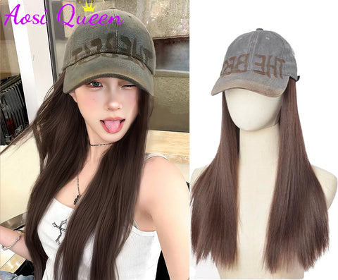 AOSI Long Wavy Wig Synthetic Wig Vintage Cowboy Hat Extensions Hat Wigs Cold Brown Adjustable Hairpiece for Women