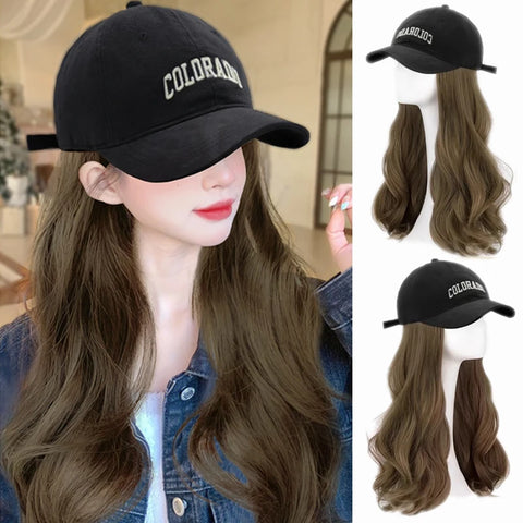Long Wavy Synthetic Wig Baseball Rice Black Cap With Hair Extensions Hat Wigs Natural Black Connect Wig Adjustable For Women