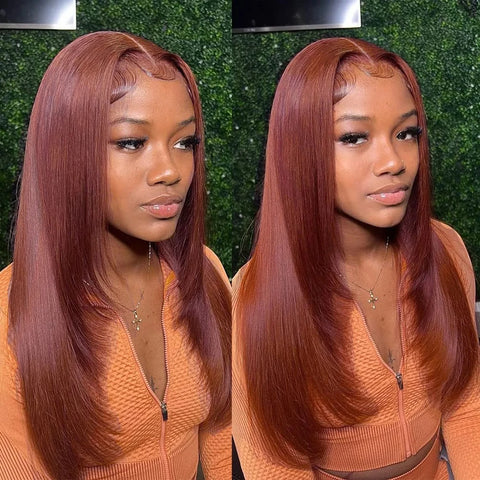 Reddish Brown Straight Layered Lace Front Wigs For Women Copper Red Pre Plucked Lace Frontal Wig Layers Glueless Synthetic Wig