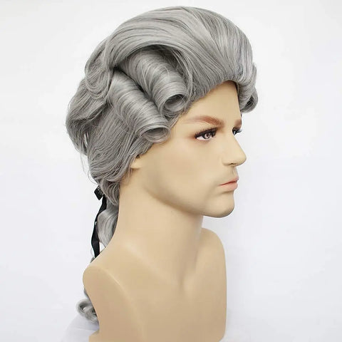 HAIRJOY Synthetic Hair Colonial Cosplay Wig for Lawyer Grey Wigs Long Curly Wavy Wigs for Men