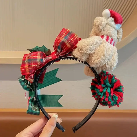 1 senior Christmas plush teddy bear headband with red and green plaid bow, Christmas hat and scarf, winter celebration