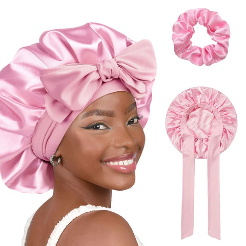 A Set/2Pcs Sleeping Women's Silk Hat Satin Hat Satin Border Curly Hair Hat Strap Elastic Headband