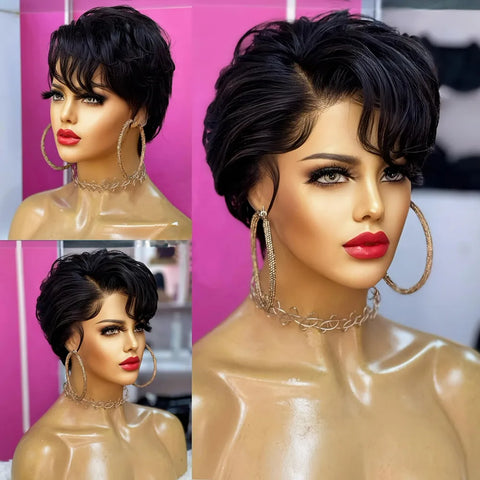 6inch 150% density 13x1 T part lace natural black color pixie cut human hair wigs for women short curly  daily party cosplay use