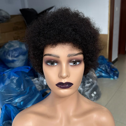 Afro kinky Curly Human Hair Wigs For Black Women Brazilian Hair Natural Black Full Machine Pixie Cut Fluffy Wig