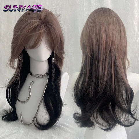 Pink Purple With Black Synthetic Wigs With Bang Jellyfish Head Hair Wig for Women High-layered Wolf Tail Cosplay Heat Resistant