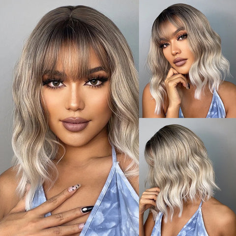 Light Pink Short Wavy Synthetic Hair Wigs with Bangs Cosplay Natural Shoulder Length Bob Wig For Women Afro Heat Resistant Fiber