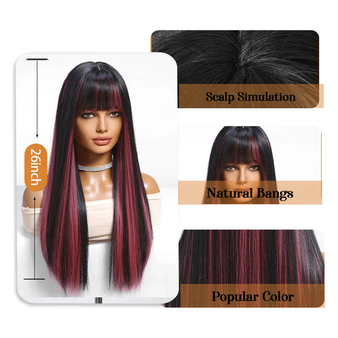 Black Highlight Pink Synthetic Wig with Bangs Long Straight Black Highlight Red Wig For Women Cosplay Party Christmas Wig 26inch