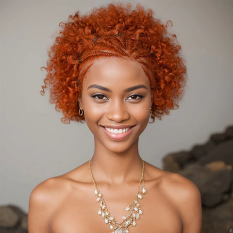 13x4 Lace Frontal Natural Black Afro Curly Human Hair with Braids for Black Women 6 Inches 100% Remy Hair Brazilian Hair Wig
