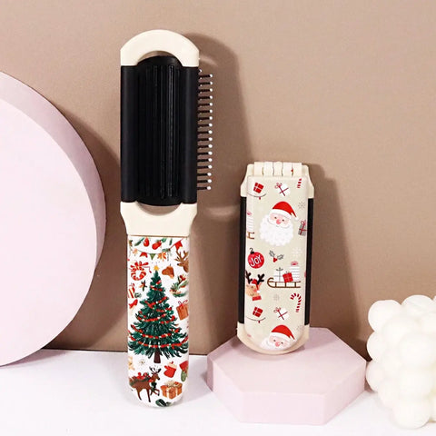 1pc Compact portable folding mirror comb with Christmas element pattern, perfect gift for Christmas Special for real hair wigs