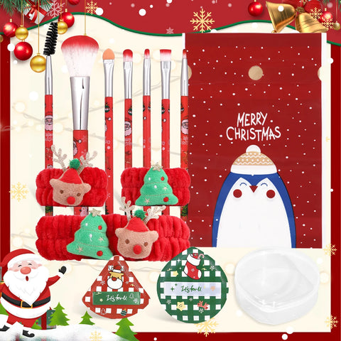 14PCS- Christmas makeup brush set, the bristles smudge naturally and delicately, and the powder puff is both dry and wet.