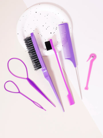 6PCS hair styling comb set, comb, pointed tail comb edge brush, hair tail tool weaving tool ring, rubber band cutter